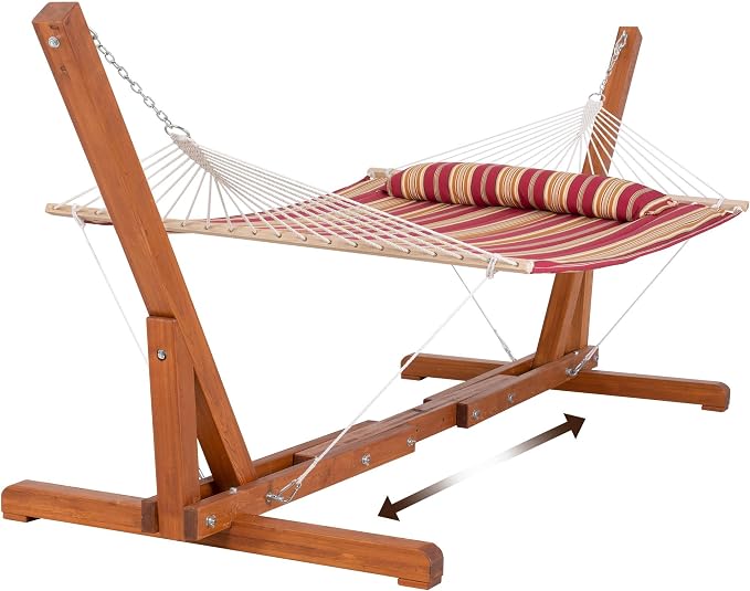 SUNCREAT Outdoor Hammock with Stand, Two Person Quilted Fabric Hammock Swing with Adjustable Wooden Stand, Red Stripes