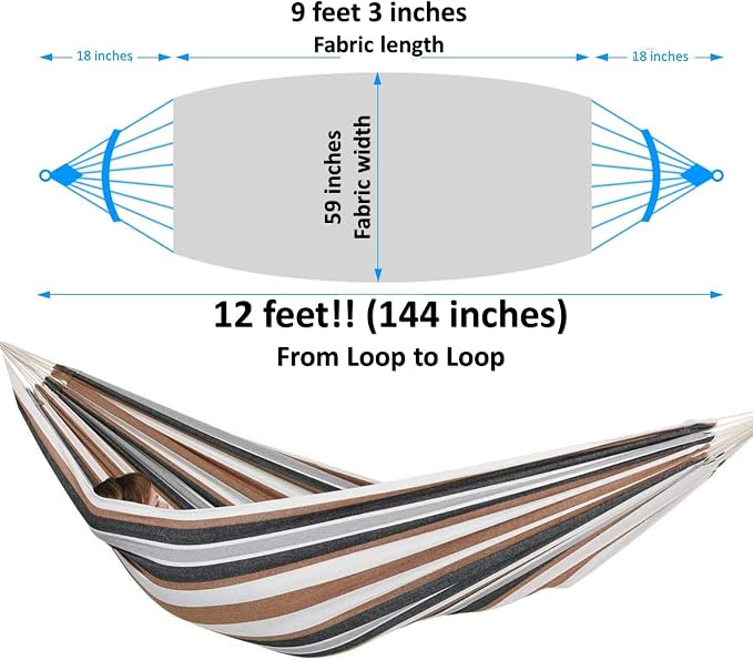 CJ Ultra Double Brazilian Hammock - XL Wide Two Person Soft Woven Cotton Fabric - Long Hamaca Swing Bed for Backyard Patio or Porch - Outdoor or Indoor - Includes 2 Hanging Tree Ropes (Brown Striped)