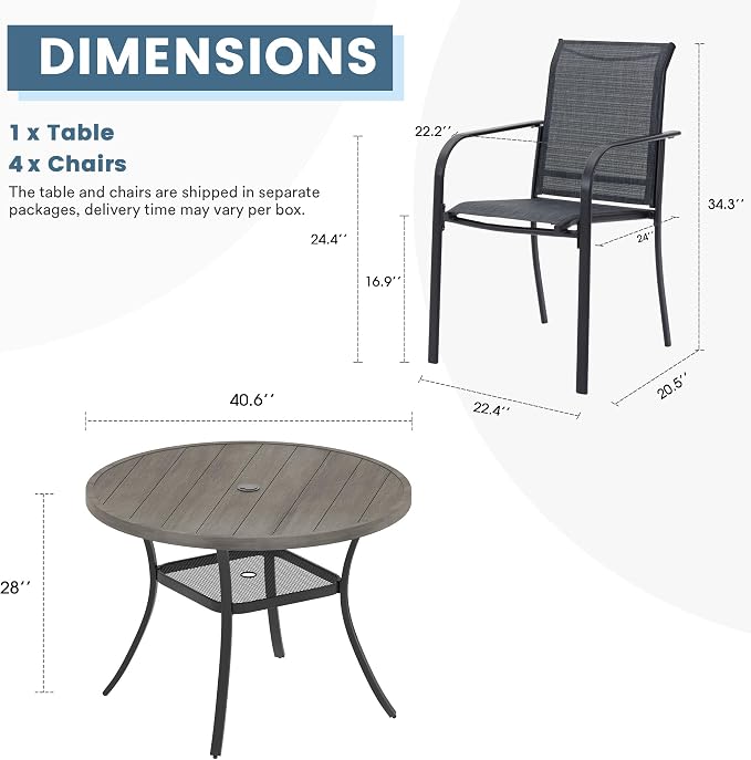 DIFY Outdoor Dining Set for 4, Patio Dining Furniture Set Includes 42" Grey Wood-Like Round Table with Adjustable Umbrella Hole and 4 Grey Stackable Metal Chairs for Poolside, Garden, Backyard