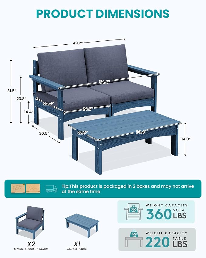 SERWALL HDPE Patio Sofa Set, 3 Pieces Conversation Set, All-Weather Outdoor Couch Sectional Sofas with Removable Cushions and Coffee Table for Deck, Garden, Poolside, Blue Frame with Grey Cushion