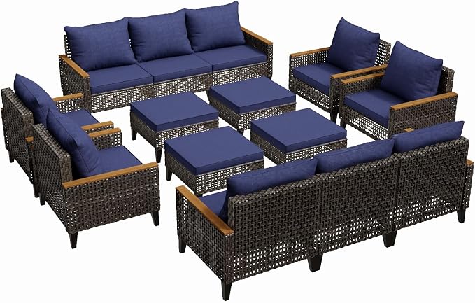 14 Piece Patio Furniture Set, All-Weather Wicker Rattan Outdoor Sectional Sofa Set with High Back and Thick Cushions, Large Conversation Set for Garden, Porch, Poolside, Blue