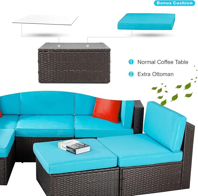 Outdoor Patio Furniture 6 Piece Set, PE Rattan Wicker Sectional Sofa Conversation Set with Coffee Table, for Garden Backyard Poolside, Outdoor Sectional Sofa Set