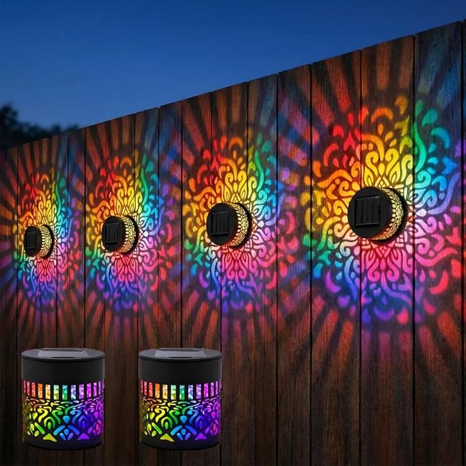 Lscsdf Seven-Color Changing Solar Mandala Projection Wall Light Decorative Solar Mandala Lights Outdoor Waterproof Metal Fence Lights for Yard Garden Post Patio Backyard Decor (2pcs)