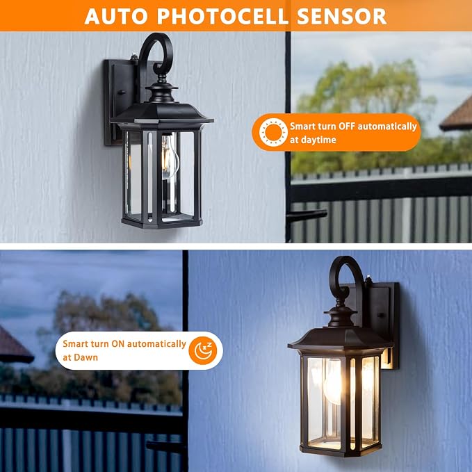 JYZ Dusk to Dawn Outdoor Wall Lighting, Exterior Porch Light Fixture, Waterproof Outdoor Wall Mount Lantern, Classic Black Sconce Lamp Outside for House Doorway Garage Patio Yard
