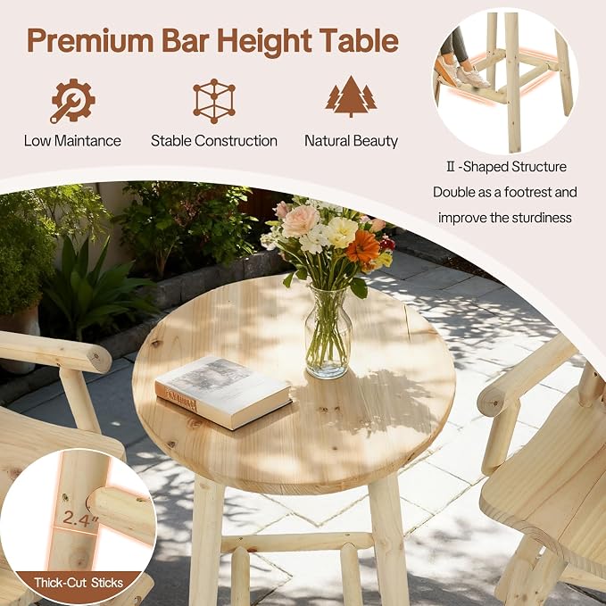 HOMEDIARY Outdoor Solid Wood Bar Table, 41.9” Round Log Patio Bar Counter Height Table, Rustic Adirondack High Top Bar Table, Heavy Duty Bistro Pub Table for Backyard, Deck & Indoor Use, Natural