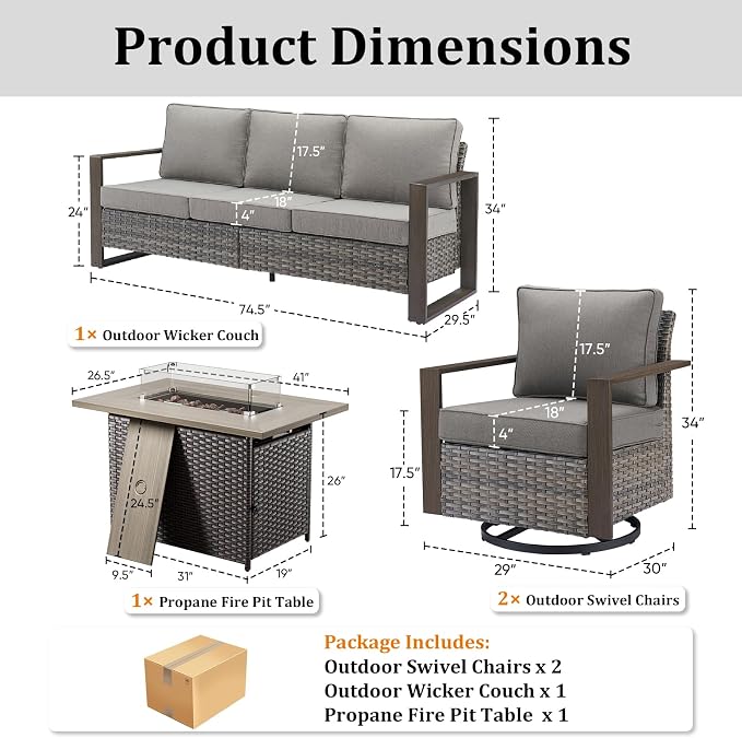 High Back Patio Furniture Set with Fire Pit Table, 4-Pieces Outdoor Furniture with Metal Arm Swivel Chairs, Wicker Conversation Set for Porch, Balcony, Deck and Yard, Grey/Grey