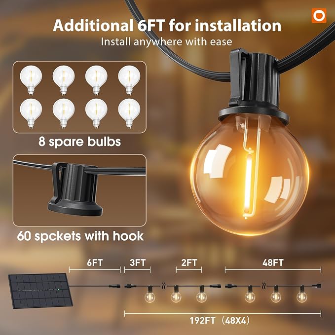 addlon 198FT Solar String Lights Outdoor, with 104 Waterproof LED Bulbs | Dimmable, Remote, 3 Modes, Shatterproof, Spaced 2FT, Easy Install, Ideal for Large Backyard, Garden, Wedding, Party, Camping