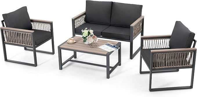 NUU GARDEN 4 Pieces Outdoor Patio Furniture Set, 4 Seats Sectional with Coffee Table, All Weather Wicker Patio Conversation Sets with Armrests and Cushions,Patio Set for Backyard, Garden and Poolside