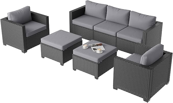 Aoxun Patio Furniture Set, 5 Piece Outdoor Sectional Sofa with Ottomans, Wicker Outdoor Furniture Conversation Sets with Waterproof Cover for Deck Backyard Grey