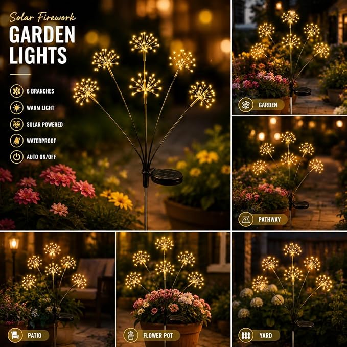 Solar Firework Garden Lights with 8 Modes, IP65 Waterproof Garden Decoration Lights
