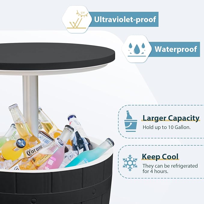 Devoko Outdoor Patio Furniture 10 Gallon Cooler Bar Table 3 in 1 Resin Patio Beer and Wine Ice Bucket Cocktail Table for Party, Pool, Deck (Black)