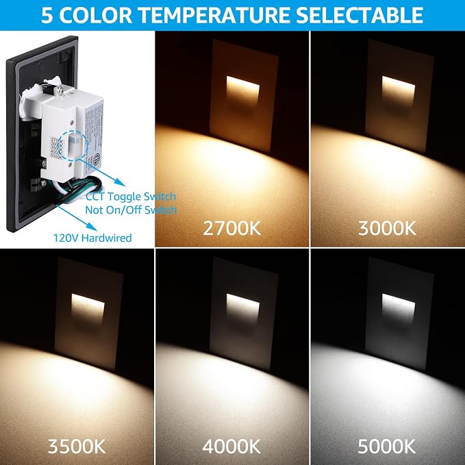 LEONLITE 3-Pack 5CCT 120V LED Step Lights, Vertical, Black | 150LM, 5%-100% Dimmable, CRI90, ETL, Indoor Outdoor Stair Lights, Wet Location, 2700K/3000K/3500K/4000K/5000K, Aluminum