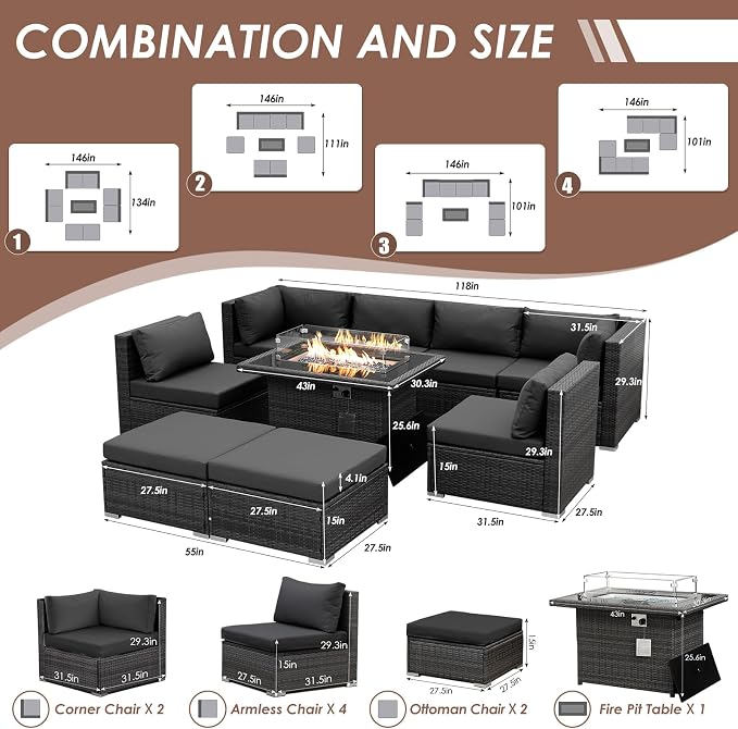 BULEXYARD 9 Pcs Highback Patio Furniture Set with Firepit, High-End Outdoor Sectional Couch with Ottoman 8-Seats, Cozy Comfy Wide Deep Deck Seating Group Conversation, Grey Rattan & Dark Gray Cushion