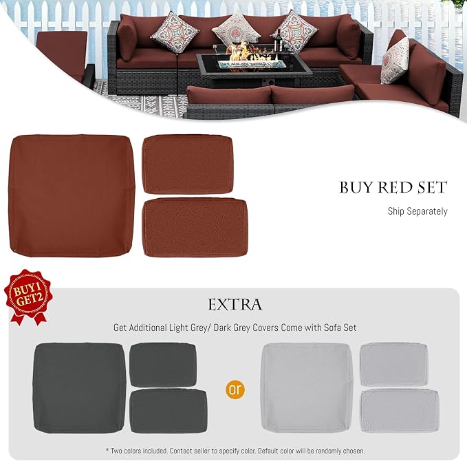 BULEXYARD 11 Piece Large High Back Outdoor Patio Furniture Sets with Firepit and Loungers, Cozy Extra Deep Wide Seating Sectional Conversation Couch Backyard Sitting Sets, Grey Wicker & Red Cushion