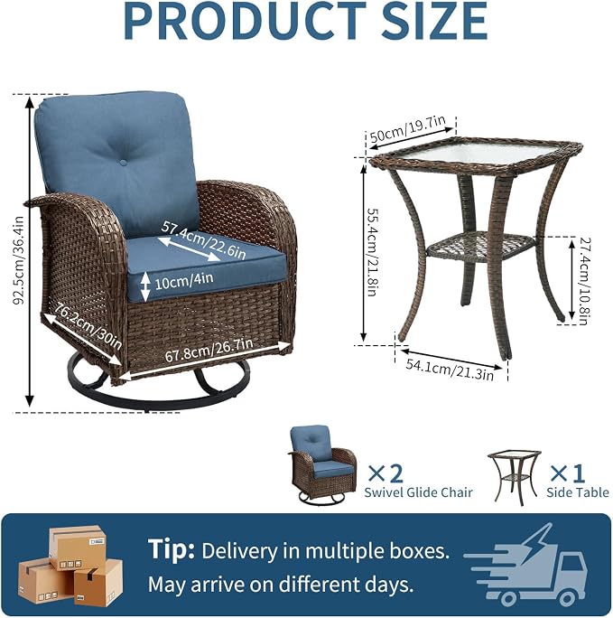 SHGJ&SOFT All Weather Patio Furniture Set, High Back Swivel Rocker Glider Chairs，Ottomans & Glass Tables, Outdoor Conversation Set for Deck Porch Yard Poolside (Blue, 3PCS-Swivle Chairs&Table)