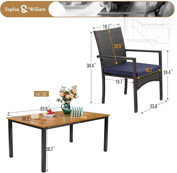 Sophia & William 7pc Patio Dining Set, Wood-Like Metal Table, Wicker Chairs | All Weather Patio Table and Chairs Set for 6, Perfect for backyard, deck, porch