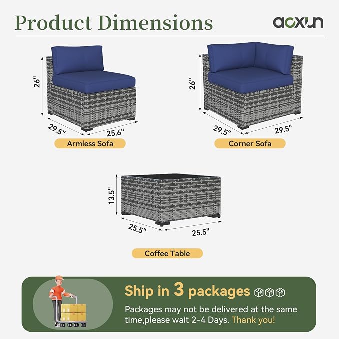 Aoxun 11 Piece Patio Furniture Set Wicker Rattan Patio Conversation Set Outdoor Sectional Sofa Set with Coffee Table and Thickened Cushions, Gray/Blue