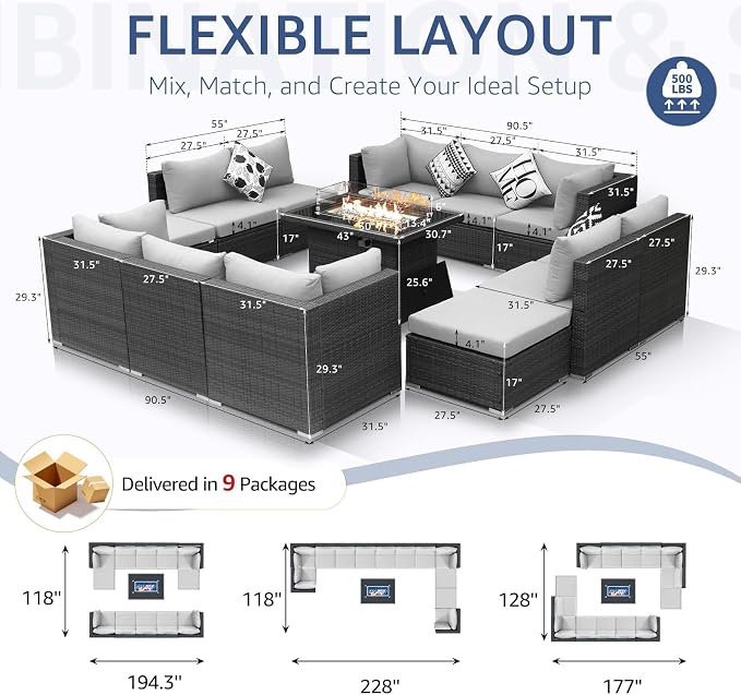 NICESOUL 13 Piece Modern Outdoor Patio Furniture Set with Firepit Natural Gas Propane Convertible, 29.3'' High Back Extra Large Size Wicker Conversation, Deep Wide Comfortable Couch for Outside, Grey