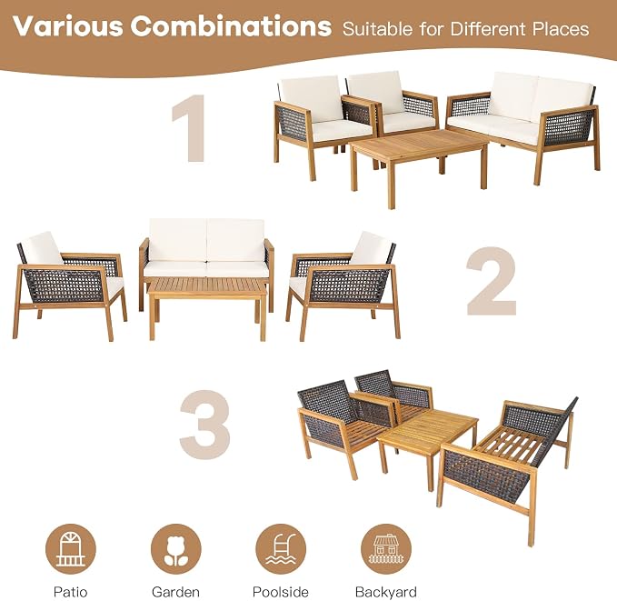 8 Pieces Outdoor Acacia Wood Furniture Set, Outdoor PE Wicker Conversation Set with Coffee Table and Soft Cushions, Outdoor Sofa Set for Garden, Poolside and Backyard (2, Off White)