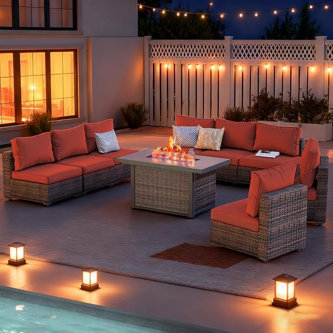 9 Piece Patio Furniture Set with 42" Fire Pit Table, Outdoor Wicker Rattan Sectional Sofa Set, Patio Conversation Set with Thickened Cushions, Red