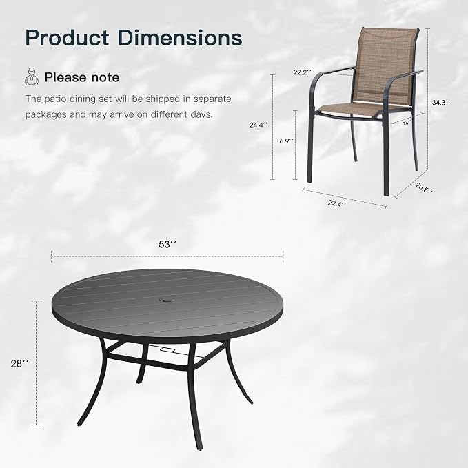 VICLLAX 9 Pieces Patio Outdoor Dining Set, 53" Round Metal Table with Umbrella Hole and 8 Stackable Textilene Chairs for Patio, Lawn, Garden, Porch, Black/Brown