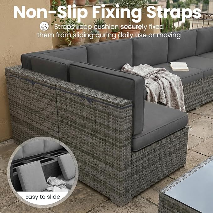8 Pieces Patio Furniture Set with 44" Propane Gas Fire Pit Table, Outdoor Sectional Wicker Conversation Sofa Sets with Coffee Table