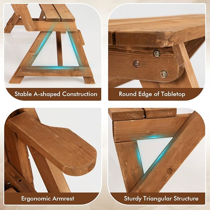 Giantex Wooden Picnic Table Set, 2 in-1 Folding Picnic Bench Set Transforming Interchangeable, Outdoor Patio Dining Table with Built-in Umbrella Hole, Convertible Picnic Table and Garden Bench
