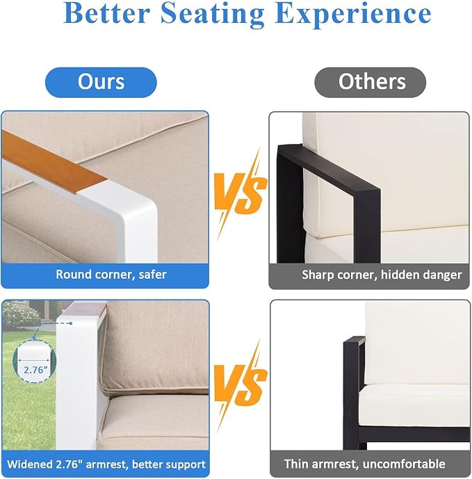 Outdoor Patio Furniture Set, Aluminum Sectional Sofa L Shape Conversation Sets, Modern Metal Patio Couch Sofa and Teak Desktop Aluminum Table for Patio, Porch, Backyard