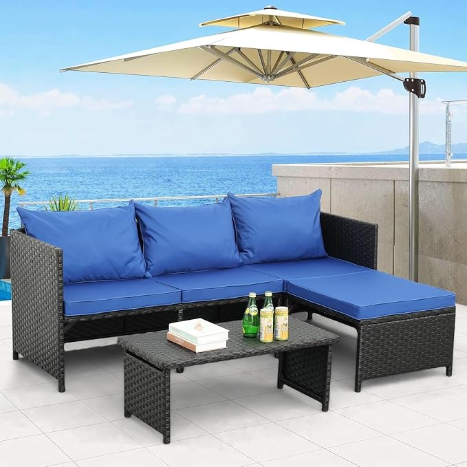 3-Piece Outdoor PE Rattan Furniture Set Patio Black Wicker Conversation Loveseat Sofa Sectional Couch Turquoise Cushion(Blue)