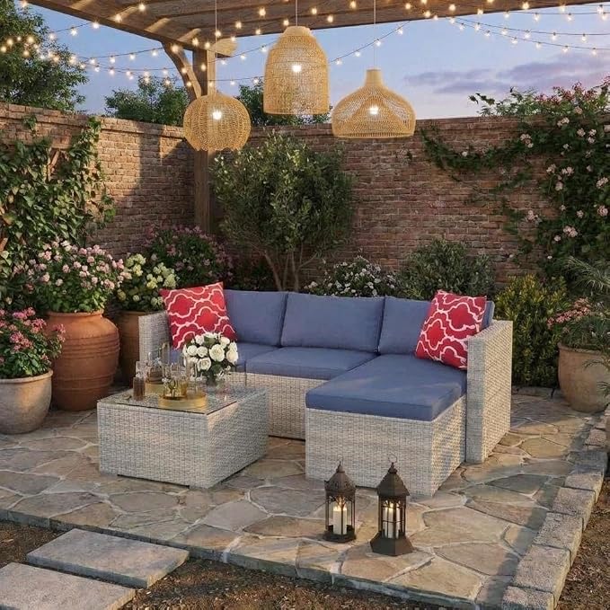 GarveeTech 5 Pieces Patio Furniture Set, All Weather Wicker Rattan Sectional Sofa, Outdoor Patio Furniture Set with Washable Cushions for Garden, Backyard, Porch, Poolside (Grey&Blue)