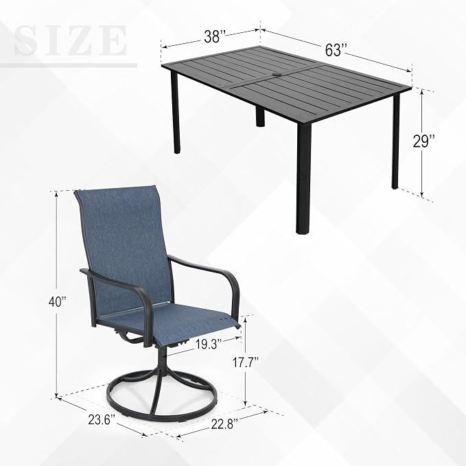 Patio 29" Heigh Rectangle Table and Navy Swivel Chairs Dining Set of 7 Sty2 | 63"x38" Metal Table, 29" Heigh Table Top,All Weather; 6 Piece Swivel Chairs: High Back,Retro Armrest,Textilene Fabric,Rocking