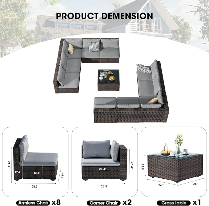 11 Piece Patio Furniture Set All Weather PE Rattan Outdoor Sectional Sofa Couch with No-Slip Cushions and Glass Top Table for Garden, Poolside, Backyard (Gray)