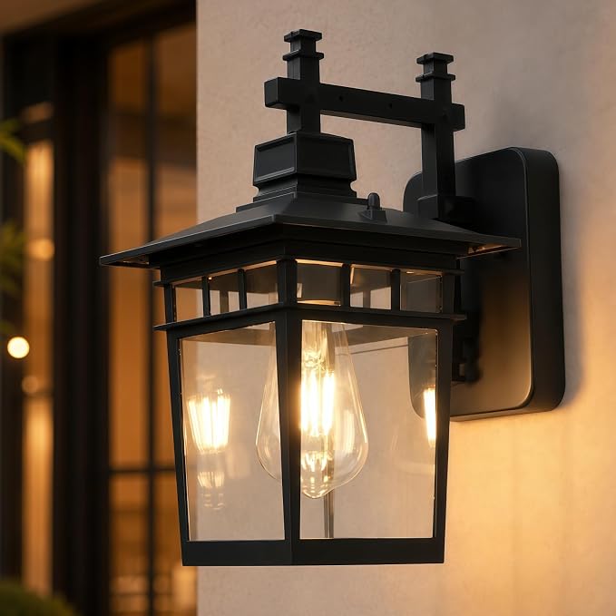 13'' Black Outdoor Wall Light Fixture, Waterproof Wall Sconce Outdoor Light Fixtures Wall Mount with Clear Glass Lampshade Outdoor Wall Mounted Porch Lights for House, Garage, Patio