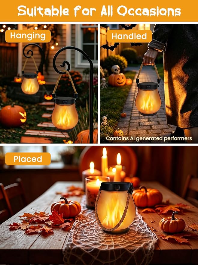 Solar Lights Outdoor Waterproof 4 Pack Solar Flame Lanterns Halloween Decor | IP65 Waterproof, Dual Charging USB & Solar, Steady on and Flickering Flame Modes, Auto On/Off, Tree Patio Horror Decor