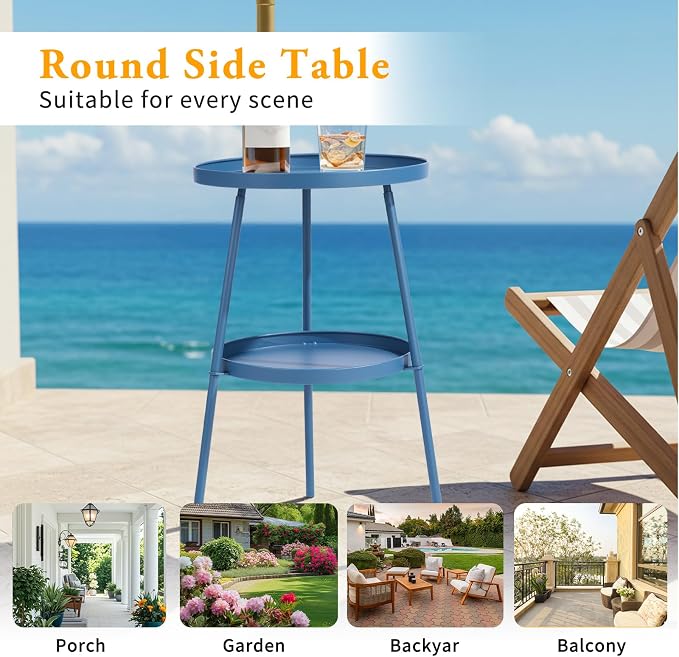 Outvita Outdoor Round Side Table, Small Metal End Table Black Coffee Table for Patio Lawn Garden Living Room Bedroom Sturdy (Double Layer, Navy Blue)
