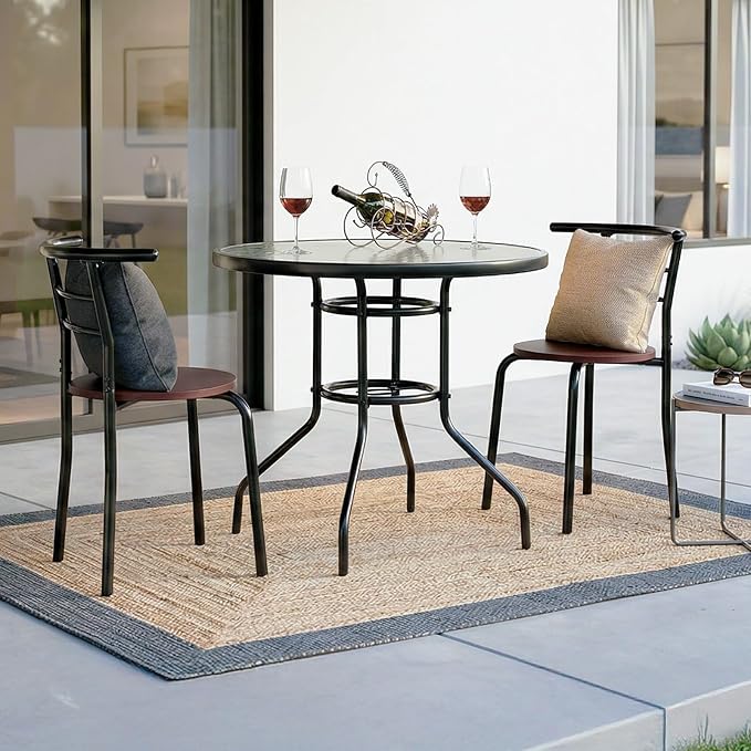 VINGLI Round Patio Table with Umbrella Hole, 32" Outdoor Dining Table Steel Tempered Glass Patio Tables Round Outdoor Tables for Balcony Garden Deck