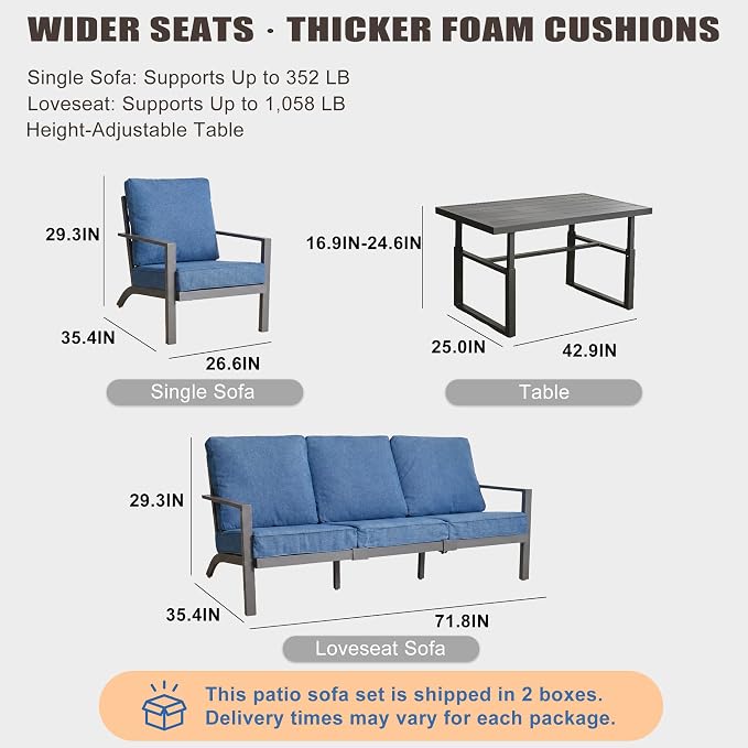 Aluminum Patio Furniture Set With Height-Adjustable Coffee Table, 4-Piece Patio Lounge Set With 5-Inch Washable Thickened Cushions, Outdoor Couch Sectional Suitable For Poolside Balconies Garden, Blue