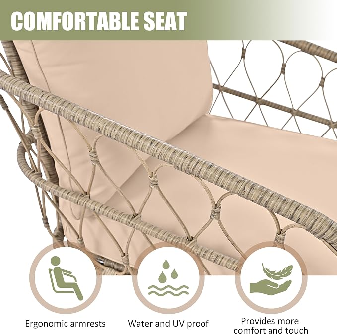 4-Person Outdoor Seating Group Boho Wicker Patio Conversation Set with Removable Cushions and Acacia Wood Table Beige