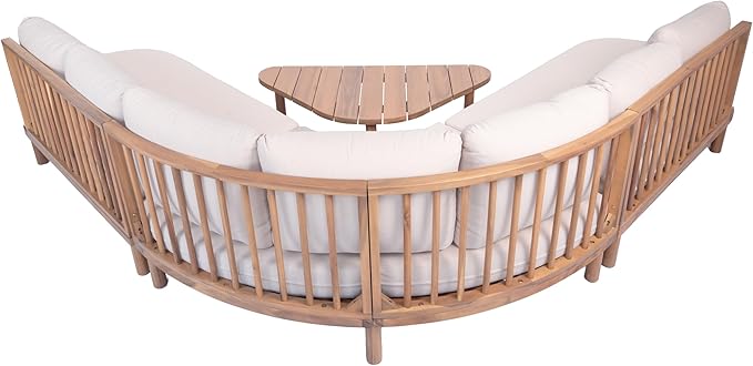 Christopher Knight Home Gemsy 118" Acacia Wood Outdoor Patio Furniture Set with Cushion, Outdoor Half Moon Curved Sectional Sofa Set with Coffee Table, Patio Sectional Sofa Set, Beige+Light Teak