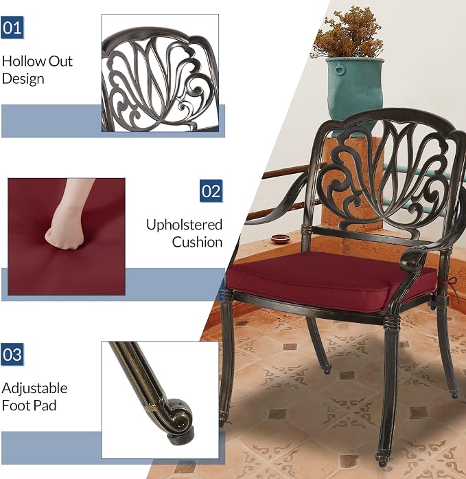 5-Piece Outdoor Patio Dining Set, All-Weather Cast Aluminum Patio Table Set, Include 4 Cushioned Chairs and a 35.4 inch Square Table w/Umbrella Hole for Balcony Garden Backyard, Red