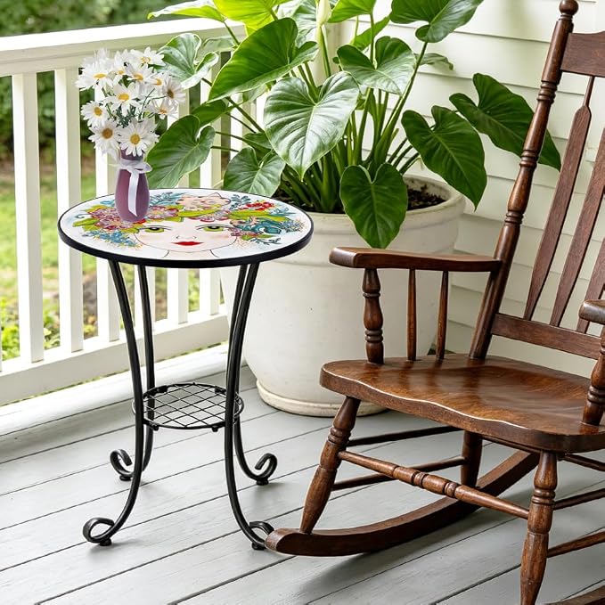 Mosaic Outdoor Side Table Small Round Patio Table Plant Stand | 21" Accent End Table with 14" Ceramic Tile Top for Small Spaces Porch Pool Garden Decor Indoor Living Room Bedroom Balcony