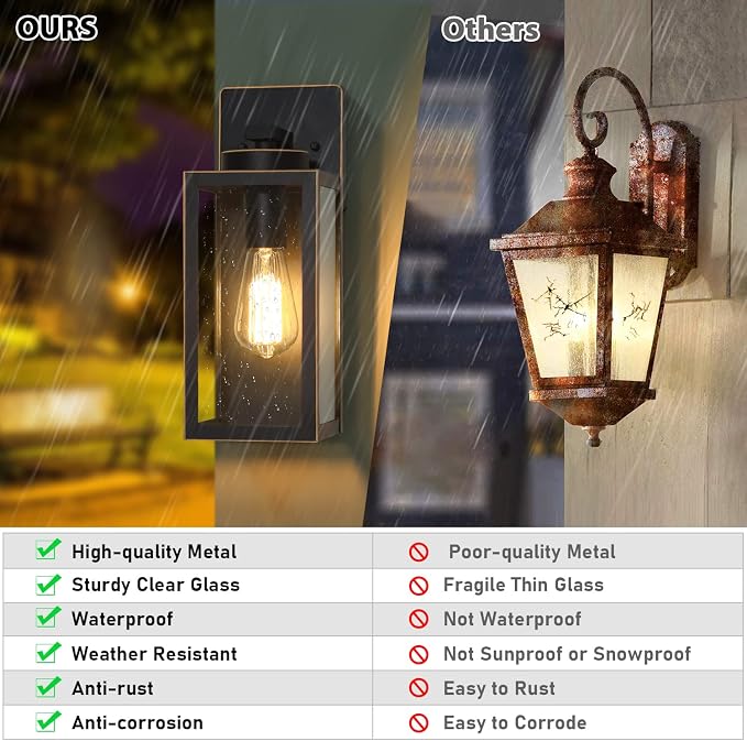 BesLowe Outdoor Wall Light Fixtures, Porch Lights Black with Gold Trim | Waterproof Metal Construction, Rust-resistant, Quick & Easy Installation, Clear Glass Shades & Standard E26 Socket