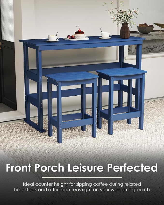 GREENVINES Outdoor-Bar-Set | HDPE Plastic | 3-Piece | 37″ Counter Height Patio Table & 2 Backless Stools | Rectangle | High Top | All Weather | for Backyard Balcony Poolside | Blue
