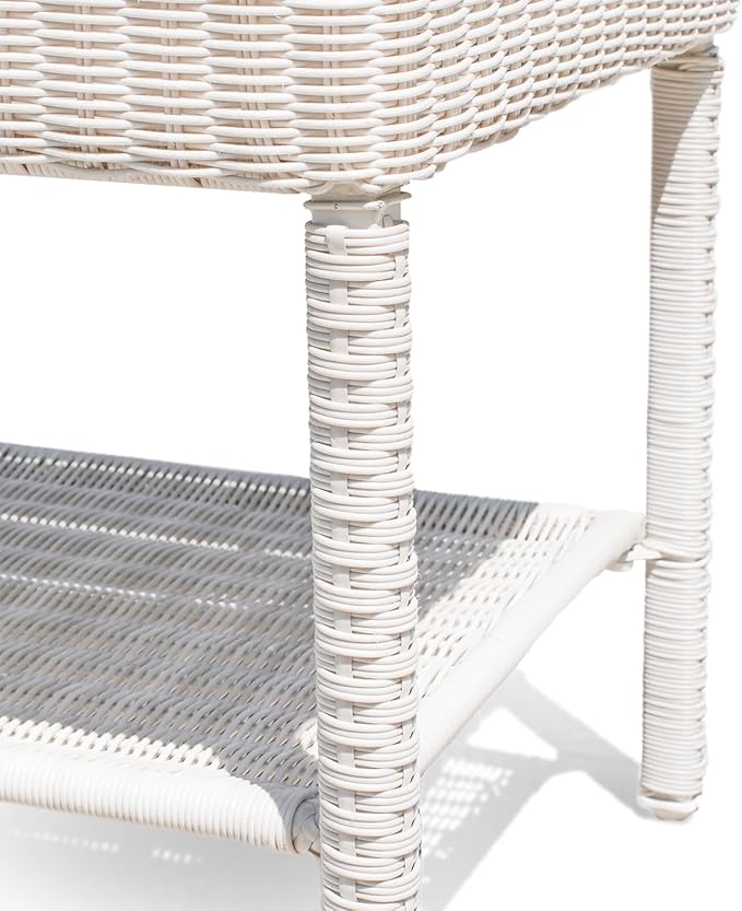 Park Meadow Outdoor Wicker Coffee Table All-Weather HDPE Rattan Patio Furniture w/Double Shelves & Grey HIPS Top, Off White