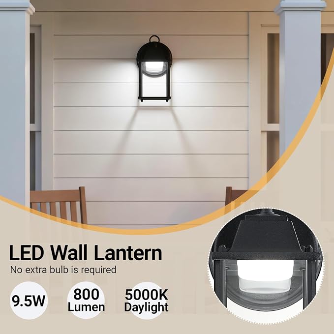 Outdoor Wall Light Fixture, Rustproof Aluminum, Clear Glass, LED | Exterior Porch Light Wall Sconce Lantern for House, Patio, Garage, Waterproof Anti-rust, 9.5W 800 Lumen, 5000K, Black, 1 Pack