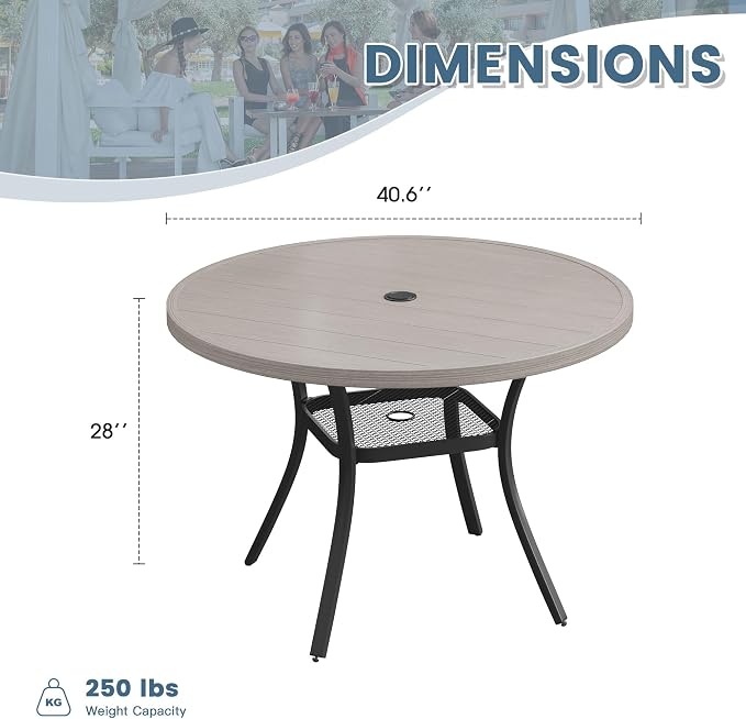 DIFY Outdoor Dining Table for 4, Round Patio Table with Umbrella Hole for Garden, Backyard and Porch (Grey)