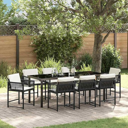 9-Piece Outdoor Garden Dining Set, Black Poly Rattan Patio Furniture with Glass Top Table and 8 Comfortable Chairs, Weather-Resistant Backyard Seating