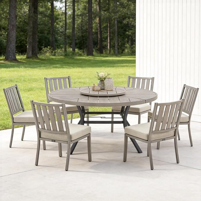 PEAK HOME FURNISHINGS Outdoor Aluminum Dining Set, 60" Round Dining Table with 6 Chairs