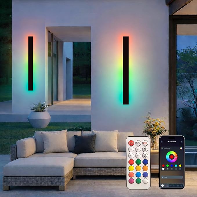 Modern Outdoor RGB Wall Lights, 2 Pack 59 Inch RGB Warm White Dimmable Exterior Wall Sconce, Ip65 Waterproof Black Linear Long Wall Light with Remote and APP Control for House, Garage, Front Door