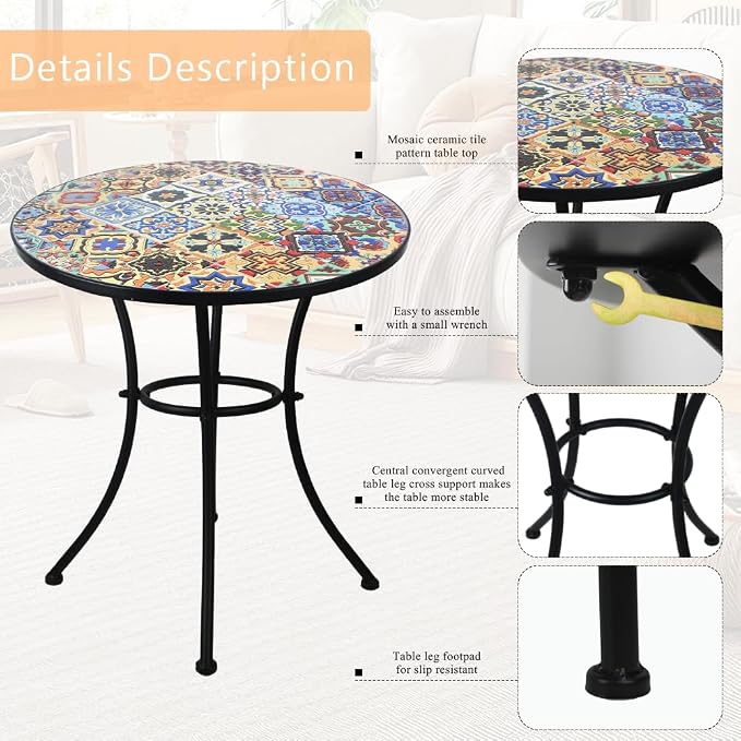 24 Inch Mosaic Patio Round Side Table with Ring Curved Legs Indoor and Outdoor Accent End Table for Yard, Garden, Living Room, Bistro, A - Multicolor Talavera